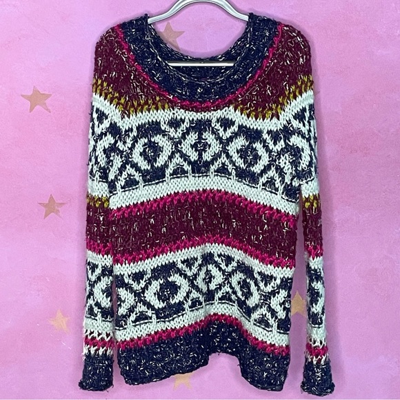 Free People Silver Reed Fair Isle Multicolor Sweater Medium Chunky Knit Boho - Picture 2 of 11